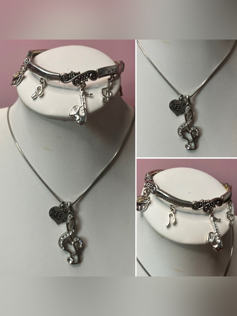 Silver-Tone Musical Note Necklace & Charm Bracelet Set